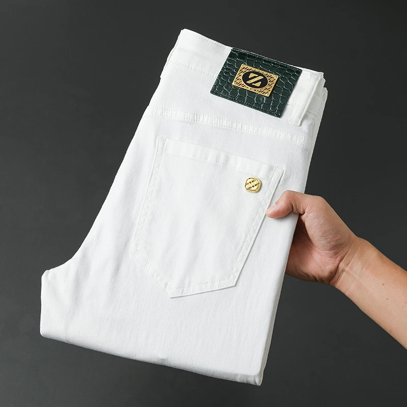 【三防】新款男士牛仔裤修身小直筒春秋款纯白色中年时尚休闲百搭裤