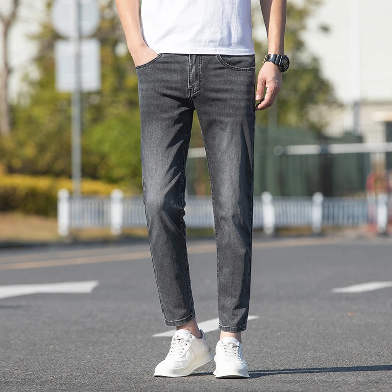 高端九分修身小直筒牛仔裤春夏男士百搭蓝浅灰黑色韩版微弹中年潮