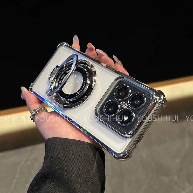 磁吸支架四角气防摔适用小米15/15pro手机壳透明电镀全包保护简约