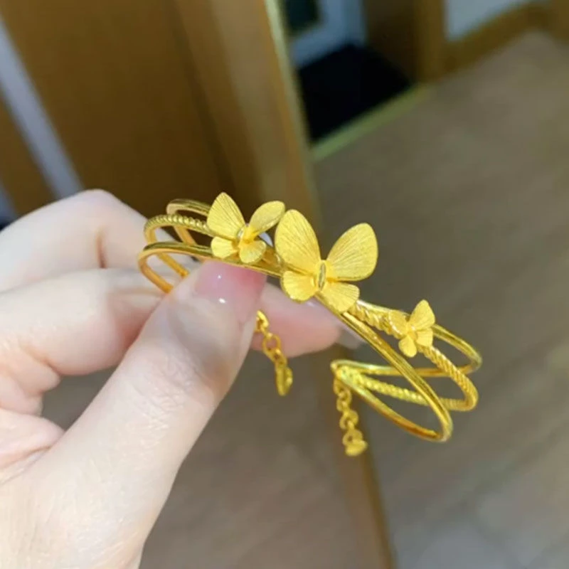 铜合金手镯 蝴蝶花手镯女士金色花花蝶蝶手链潮流手饰生日礼物