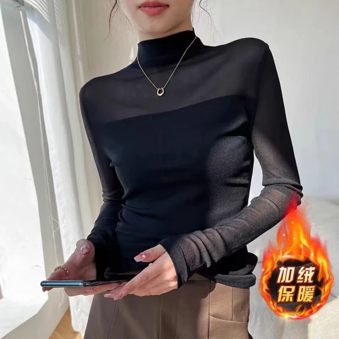 【j加绒不加价】半高领网纱气质打底衫女春秋季修身显瘦T恤