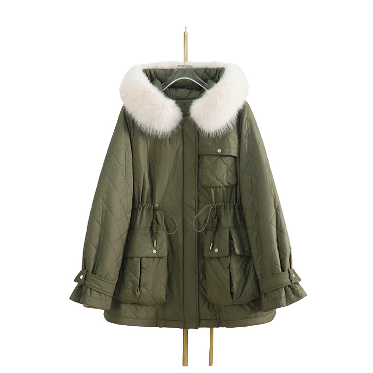 《云梦哲6273》桑蚕丝百搭芬兰白狐毛领女士韩版时尚潮流中长款派克