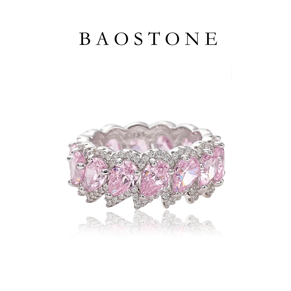 BAOSTONE 925银合成锆石戒指 【流星戒指】 粉色满钻高级感轻奢J148