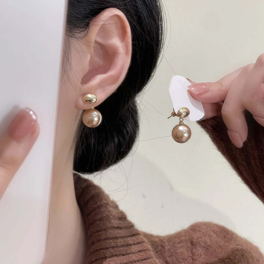 925银针耳饰A-219 香槟珠珠前后戴小众轻奢气质耳饰