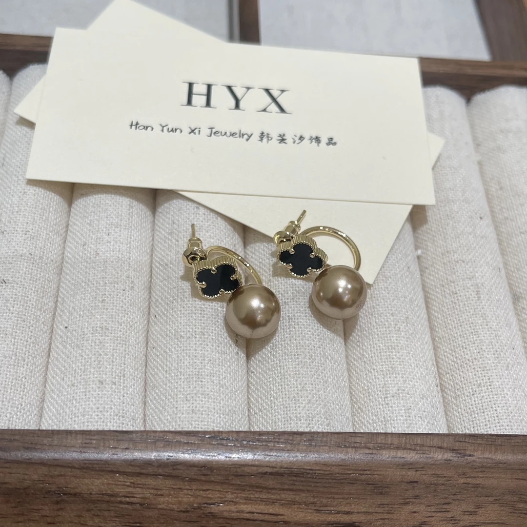 铜合金耳饰 925银针A-211 四叶草前后珠珠两戴耳钉高级感百搭耳饰