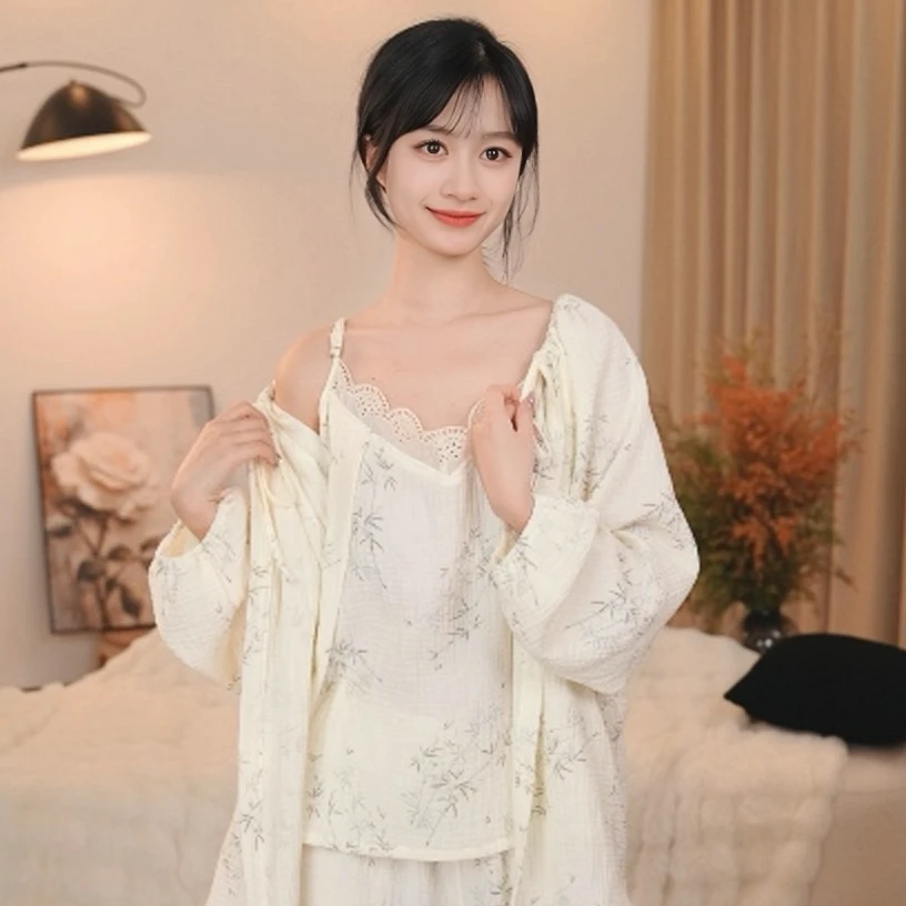 板栗小姐【栀子三件套】春夏薄款棉纱长袖吊带宽松套装蕾丝家居服