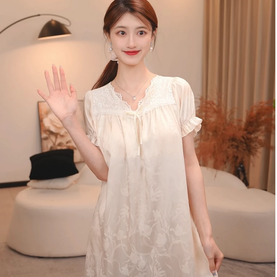 板栗小姐【半夏】中长款甜美风睡裙新款短袖蕾丝家居服外穿显瘦