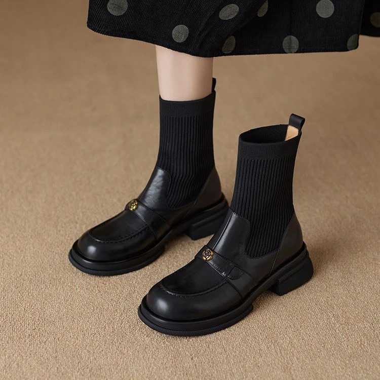 山茶花粗跟厚底袜靴女真皮针织拼接弹力瘦瘦靴春秋单靴英伦短筒靴