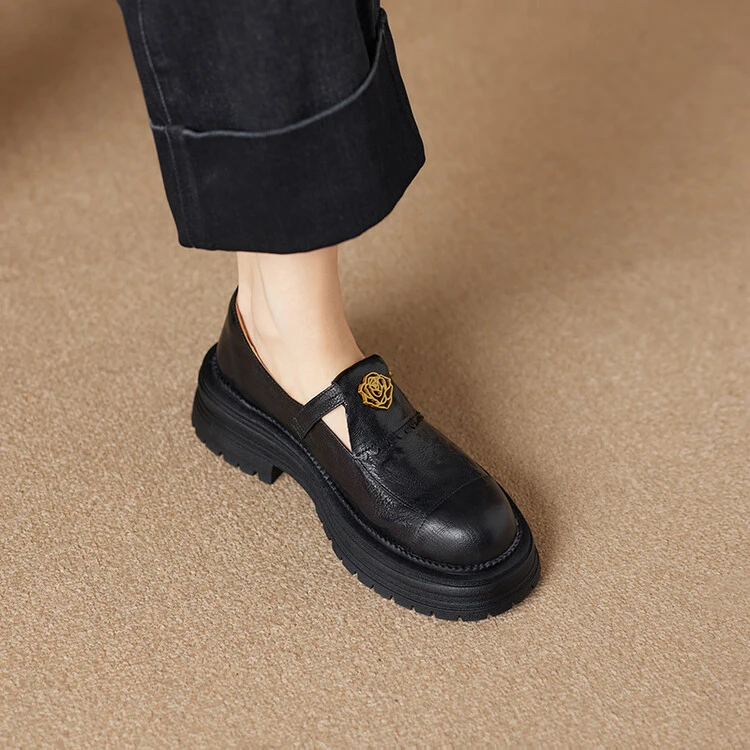 4.5cm山茶花粗跟厚底圆头乐福鞋女真皮百搭小皮鞋学院风深口单鞋