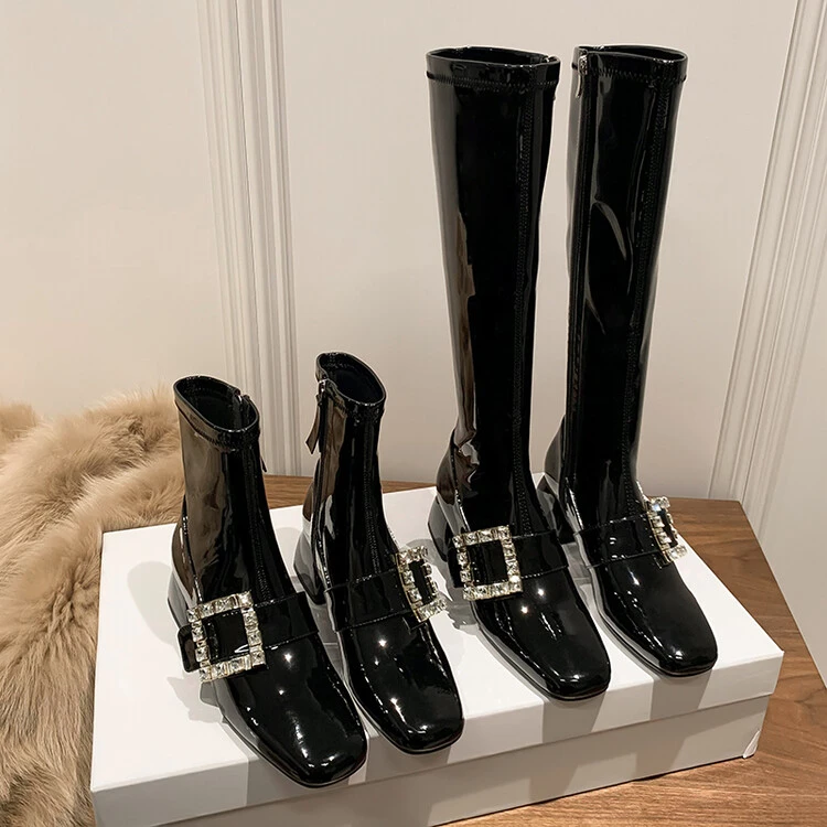 5cm中跟~水钻方扣复古粗跟骑士长靴女真皮高筒时装靴黑色马丁短靴