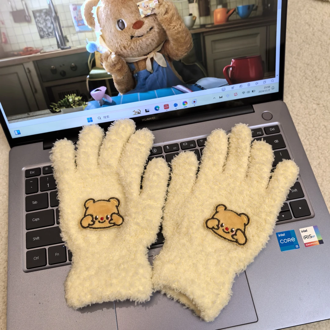 黄油小熊ins风韩系珊瑚绒保暖学生冬季户外骑行手套女手套可爱