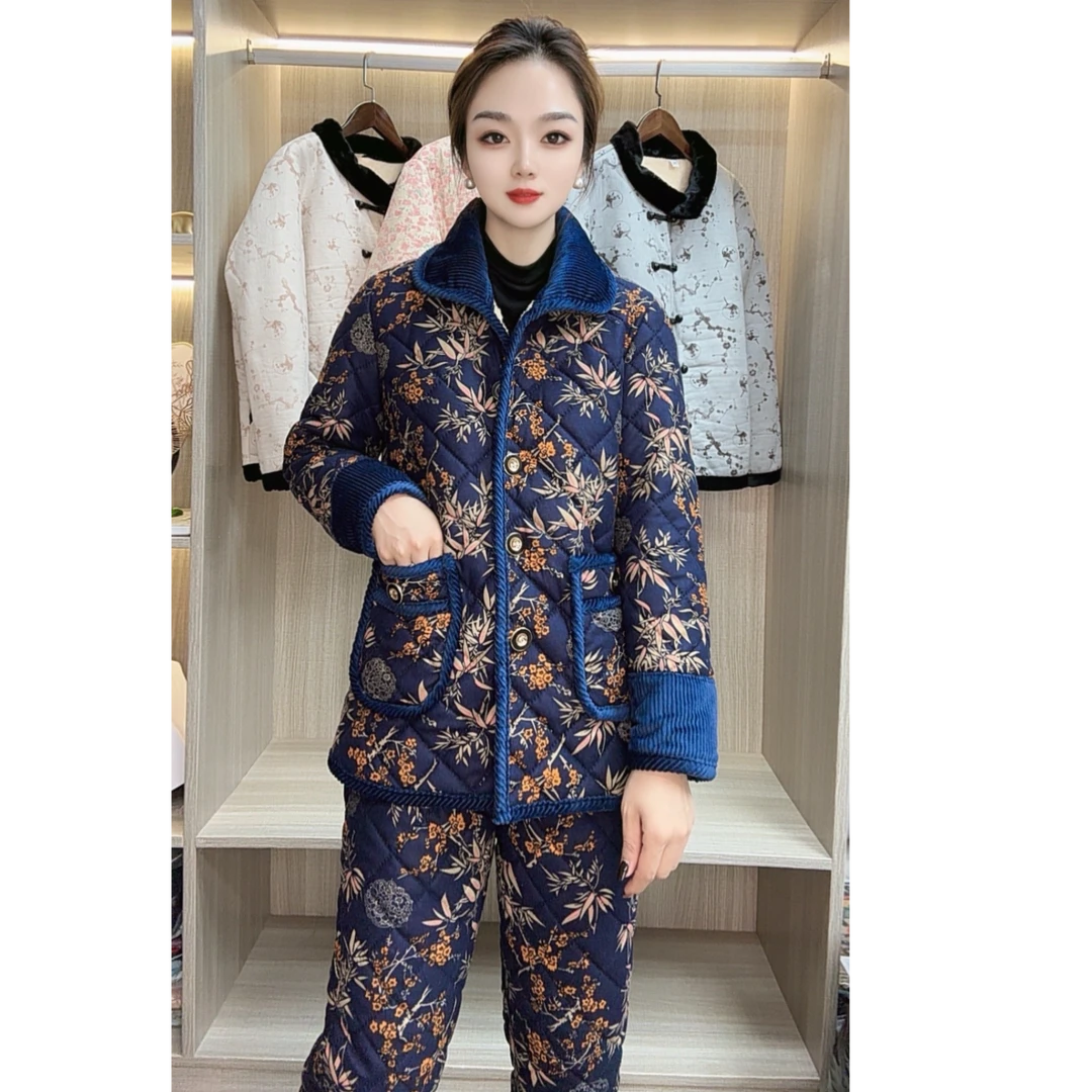 冬季棉衣新款二件套加绒加厚印花保暖宽秋冬时尚翻领套装