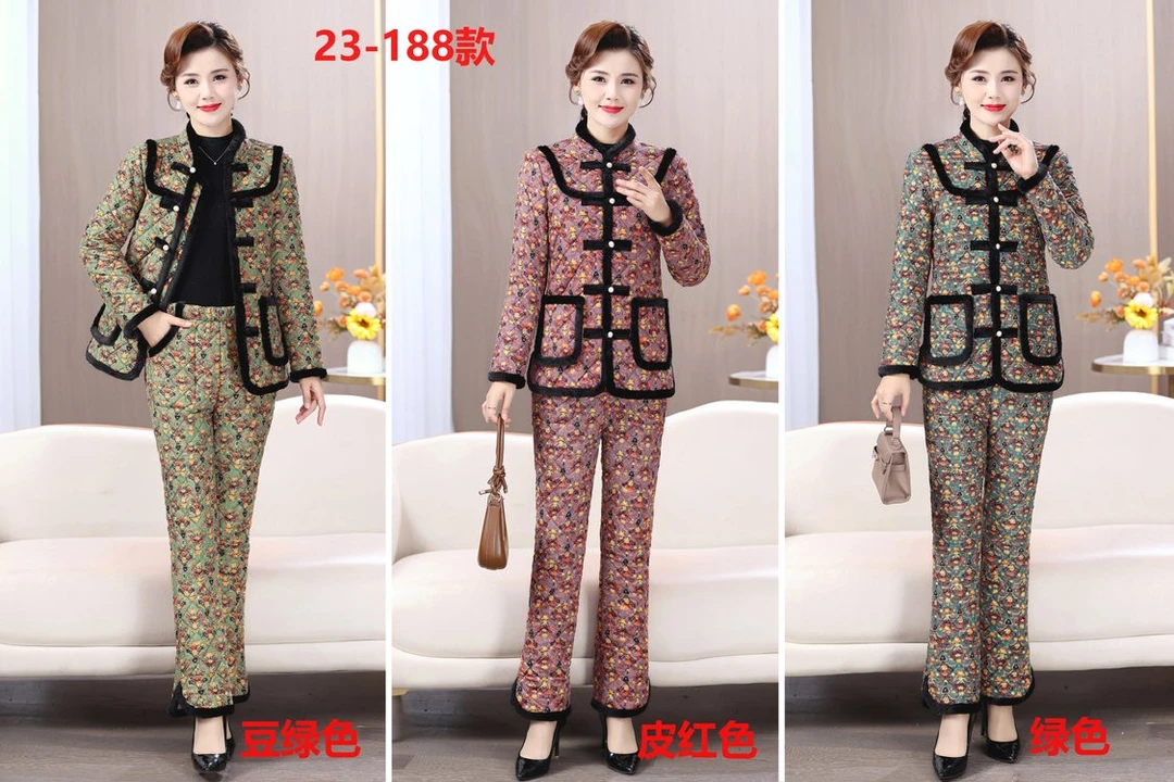 23-188冬季加厚加绒中老年家居两件套复古碎花外穿棉袄棉裤套装