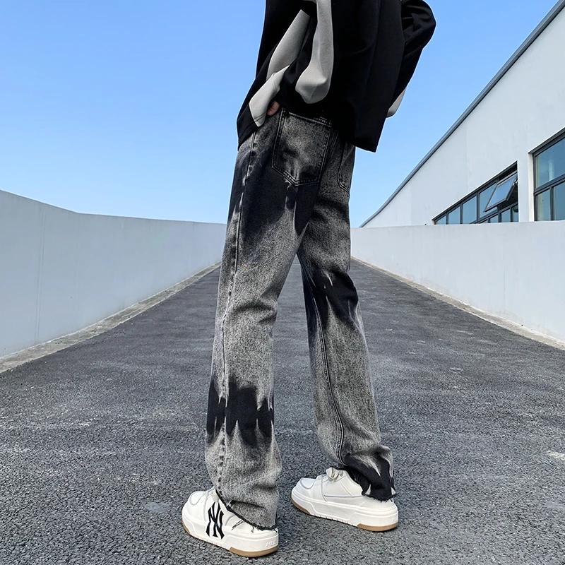 扎染水洗牛仔裤男春秋季美式高街vibe大码潮牌修身直筒微喇长裤子