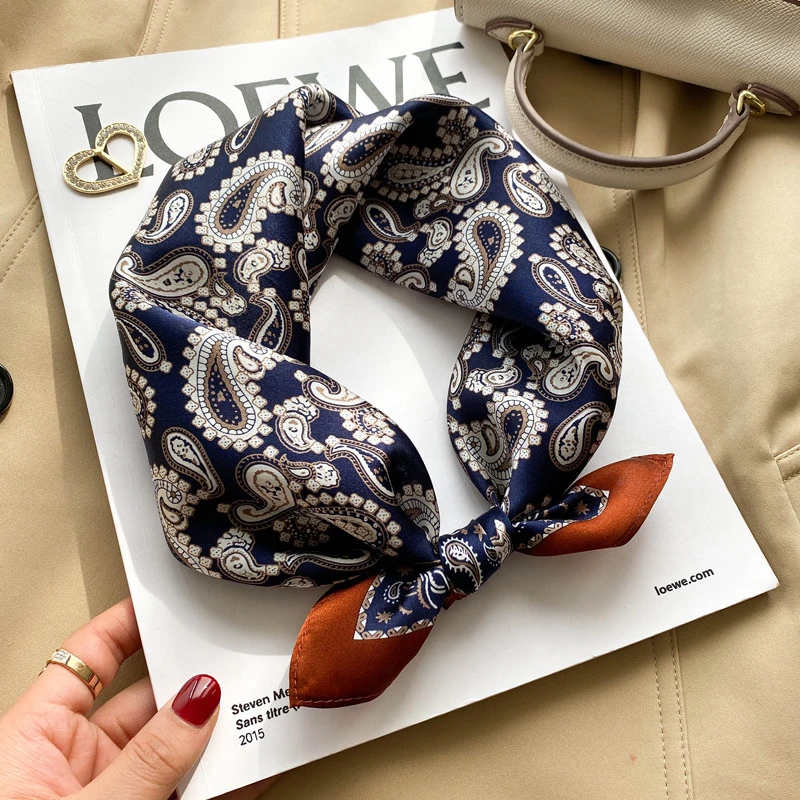 欧式腰果藏青小方巾时尚百搭护颈丝巾多功能围巾文艺装饰绑发领巾