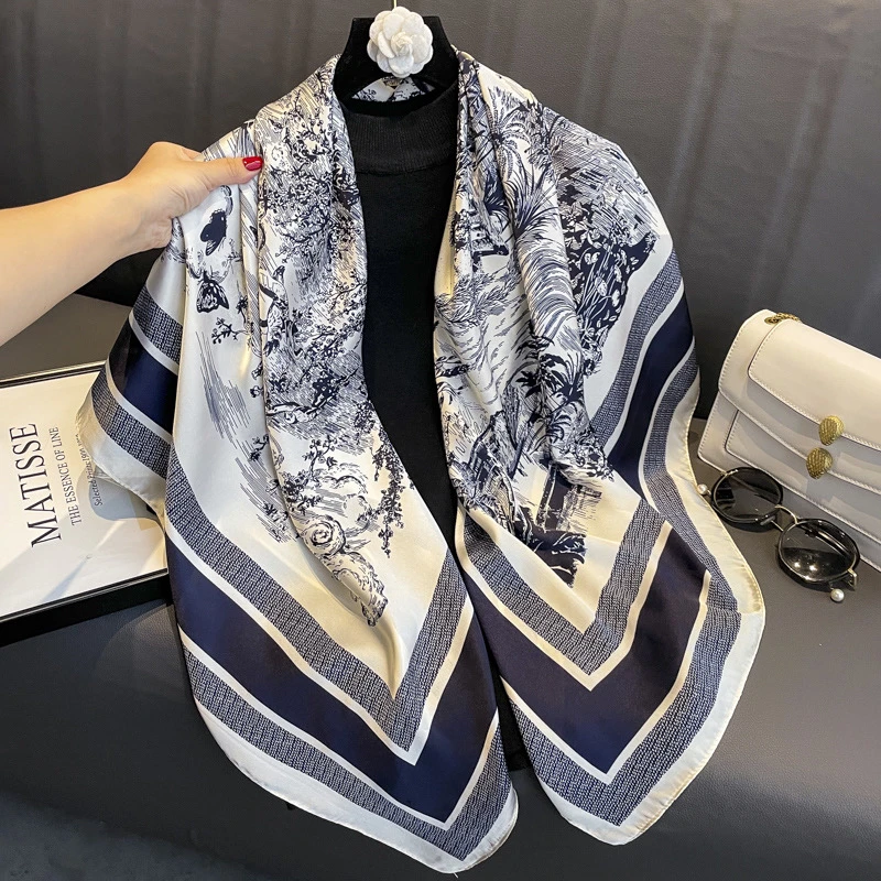 国风水墨画90x90cm丝巾气质拼色围脖防晒印花披肩保暖冬季大方巾