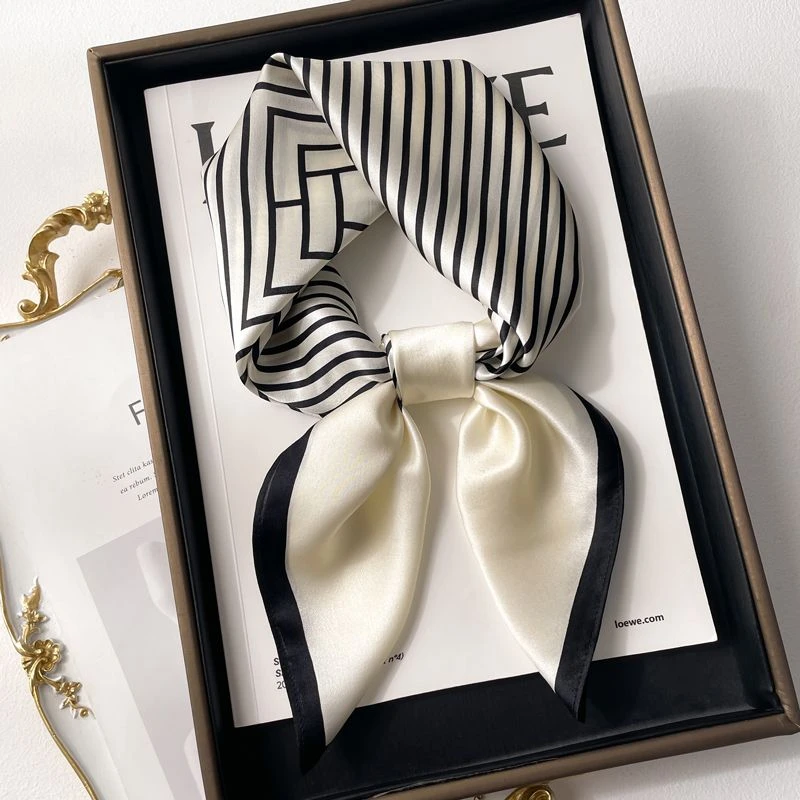 黑白条纹真丝桑蚕丝小丝巾方巾女春秋冬季职业装饰脖子围巾70x70