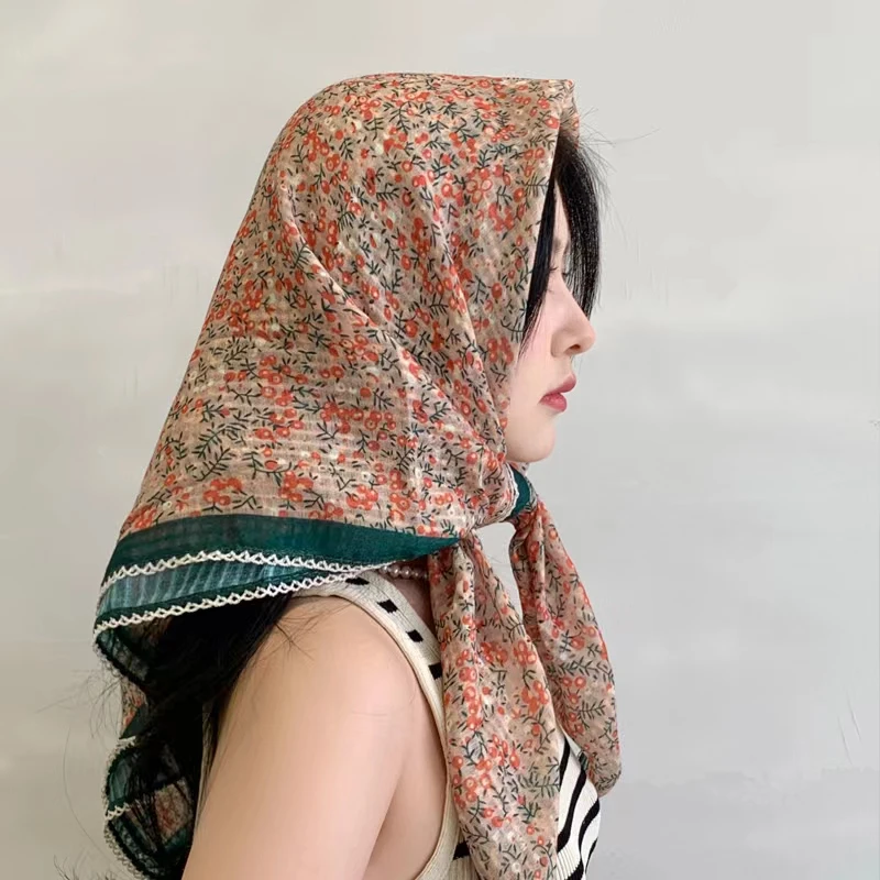 棉麻手感大方巾90x90cm女装饰领巾保暖围巾防晒包头巾文艺小碎花