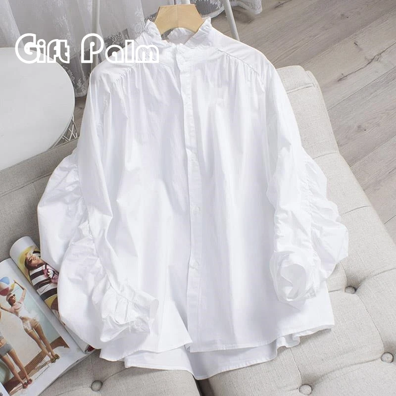 GiftPalm2024韩版时尚休闲纯棉白衬衫女百搭显瘦立领宽松衬衣长袖