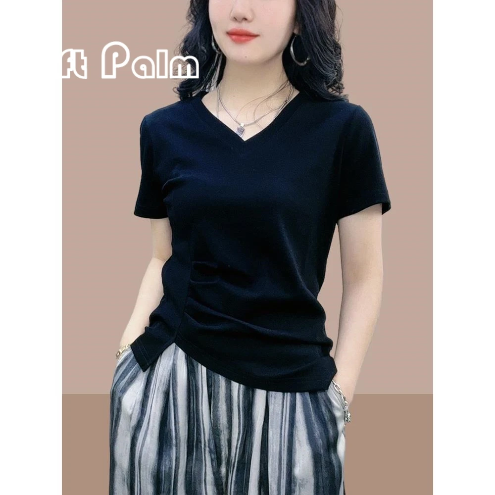 GiftPalm夏季v领短袖t恤女装2024新款不规则上衣减龄显瘦正肩体恤