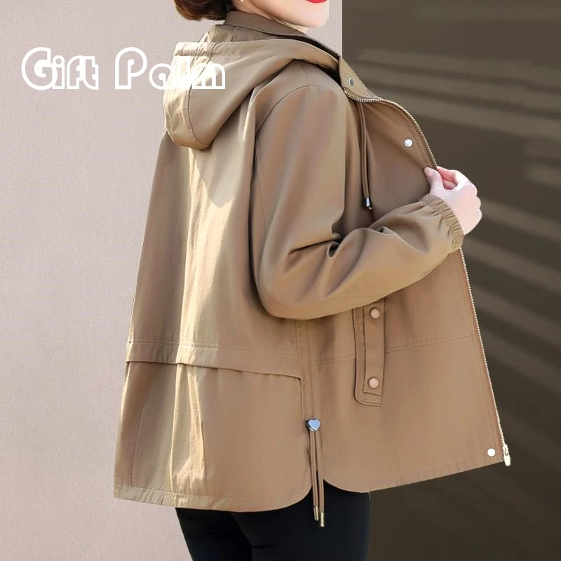GiftPalm妈妈春秋外套洋气风衣中老年女装秋装大码薄款棉连帽上衣