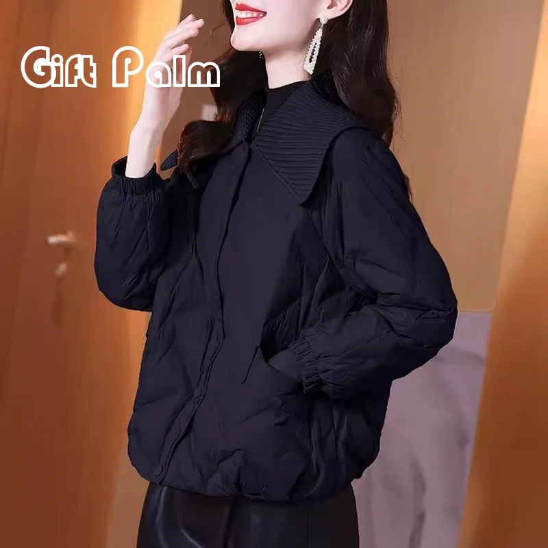 GiftPalm短款轻薄高级感2024冬季新款轻熟风黑色翻领减龄外套