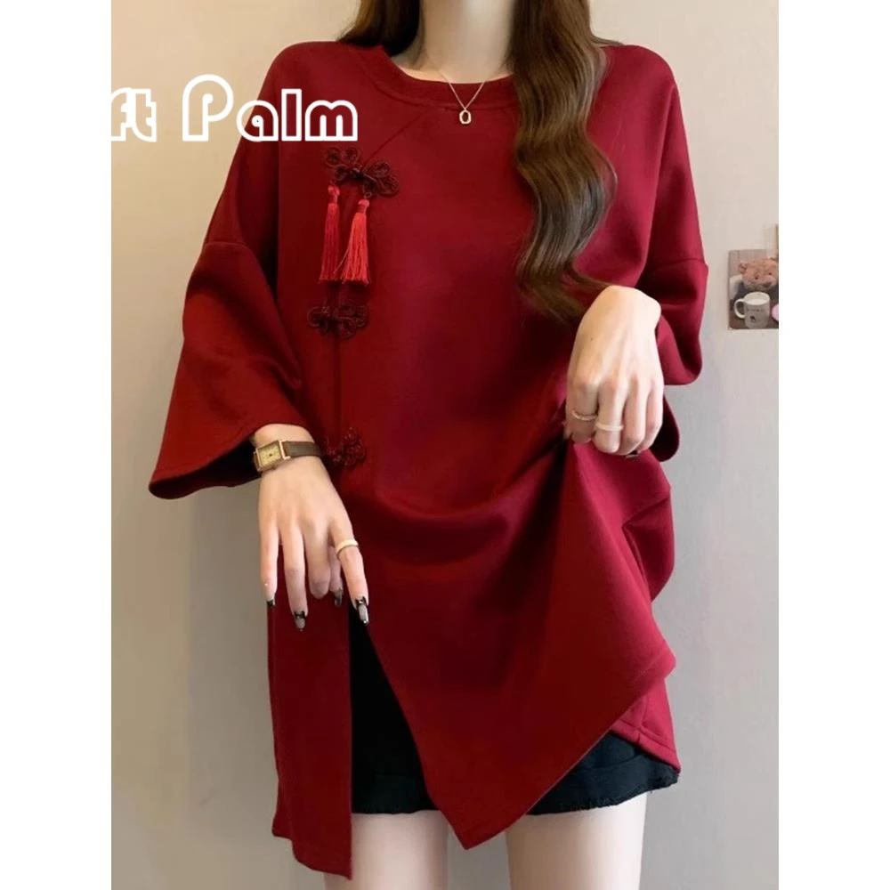 GiftPalm流苏盘扣红色正肩短袖T恤女秋大码胖mm中长款开叉上衣