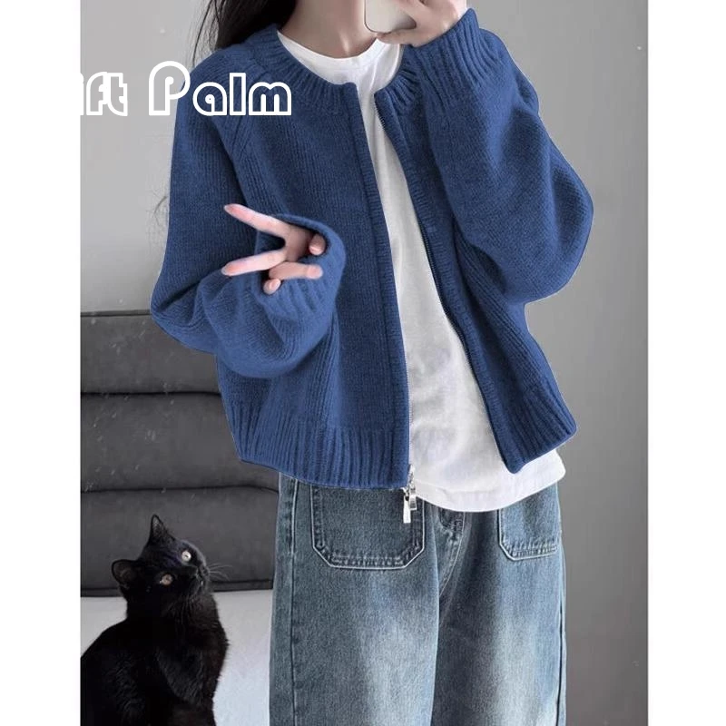 GiftPalm蓝色毛衣外套女针织开衫国潮牌秋季外穿拉链上衣通勤卫衣