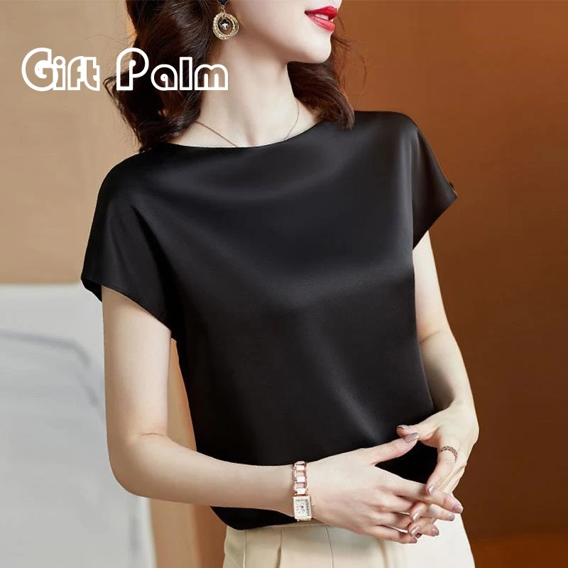 GiftPalm真丝上衣女短袖上衣春夏时尚宽松缎面妈妈高端桑蚕丝T恤