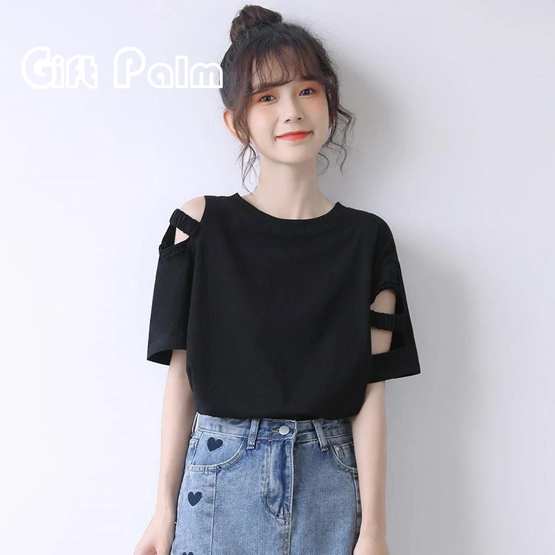 GiftPalm黑色镂空露肩短袖t恤女夏季新款宽松纯棉薄款设计感上衣