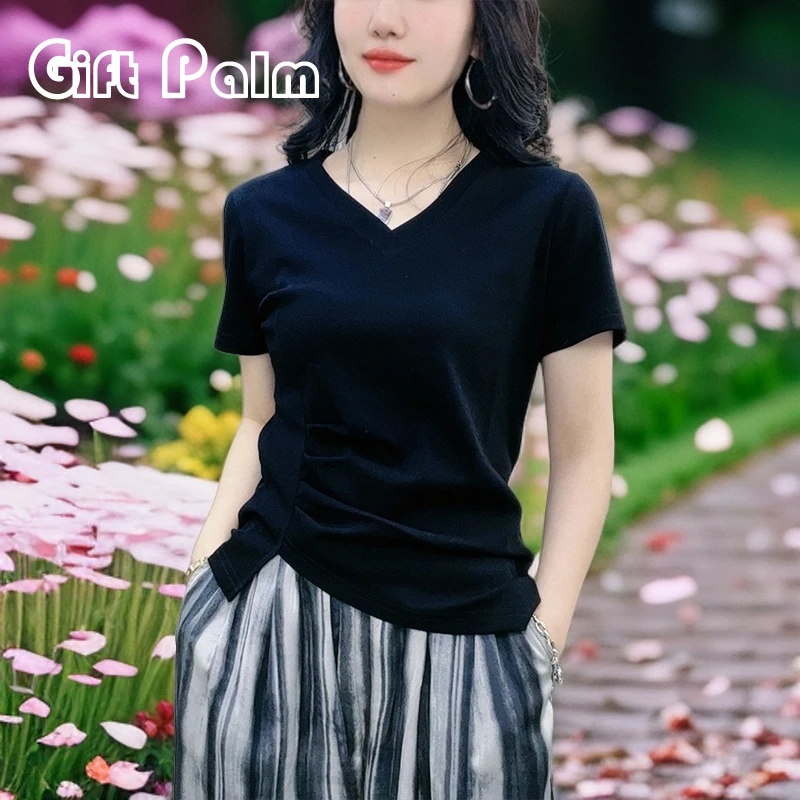 GiftPalm不规则上衣夏季v领短袖t恤女装显瘦2024新款减龄正肩体恤