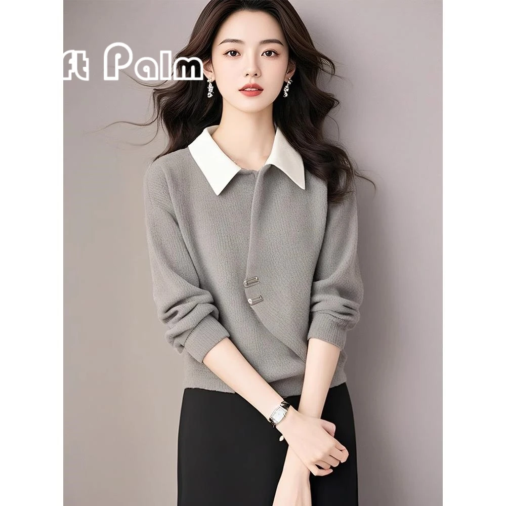 GiftPalm新中式国风针织衫翻领毛衣女慵懒宽松休闲保暖打底衫上衣