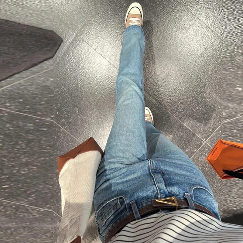 GiftPalm高腰直筒牛仔裤微新款时尚喇叭裤子女生水洗浅蓝色阔腿裤