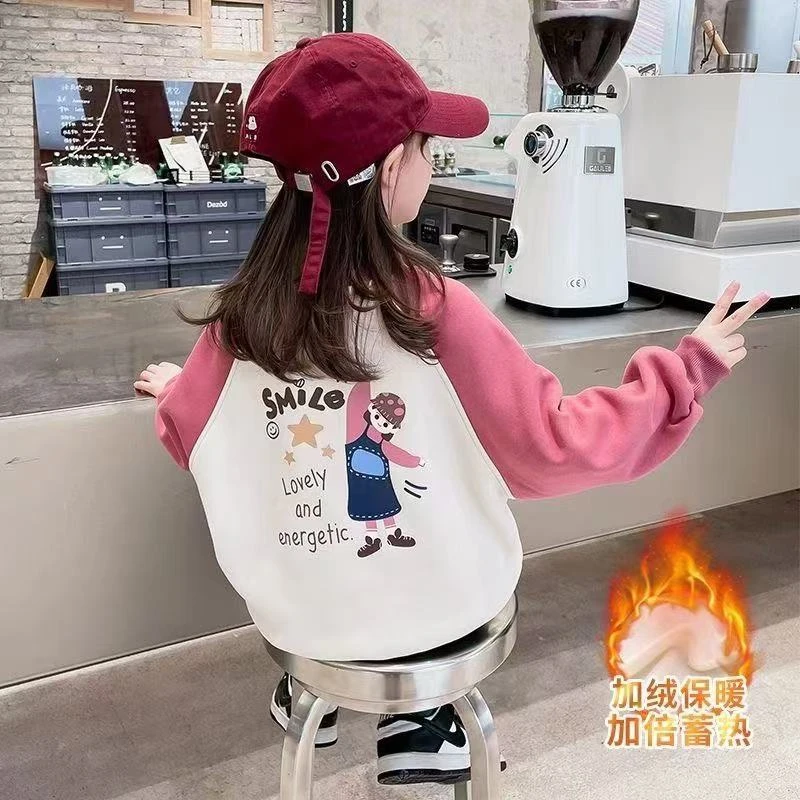 女童棉质春秋款卫衣冬季加绒加厚外穿宽松长袖打底女孩衣服中大童