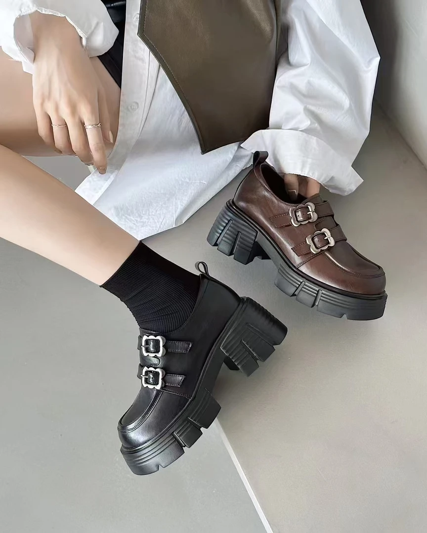 粗跟厚底乐福鞋女英伦风复古小皮鞋高跟增高单鞋