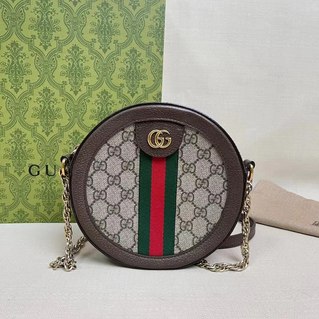 99新 GUCCI/古驰 小鱼儿/TH111504/老花op圆饼包经典时尚圆形斜挎