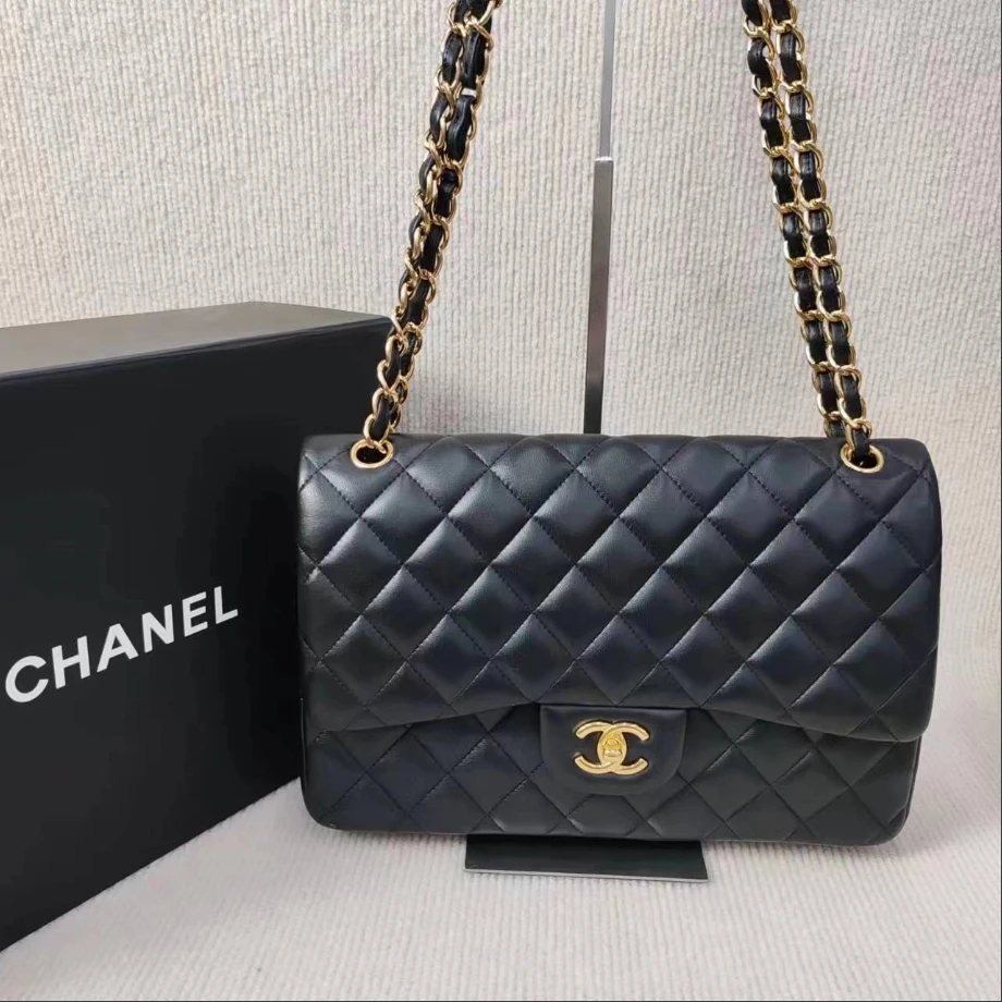95新 Chanel/香奈儿 小鱼儿/4060902/黑色经典黑金光面菱格jumbo