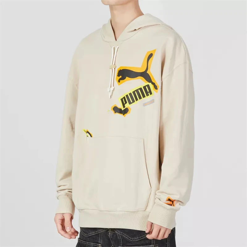 PUMA  字母Logo徽标运动连帽长袖卫衣男款卡其色539966-88