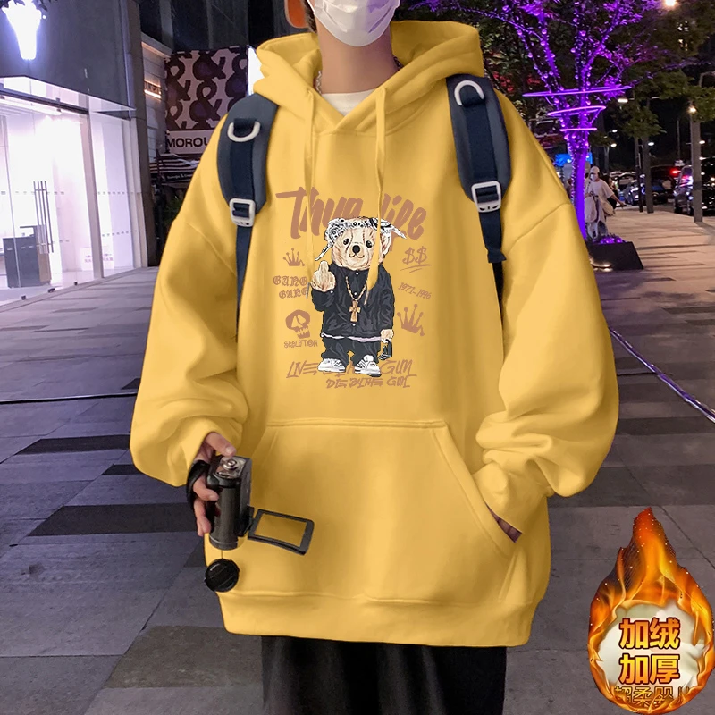 青春流行街头加绒加厚保暖秋冬季男装抗起球连帽大码宽松胖子卫衣