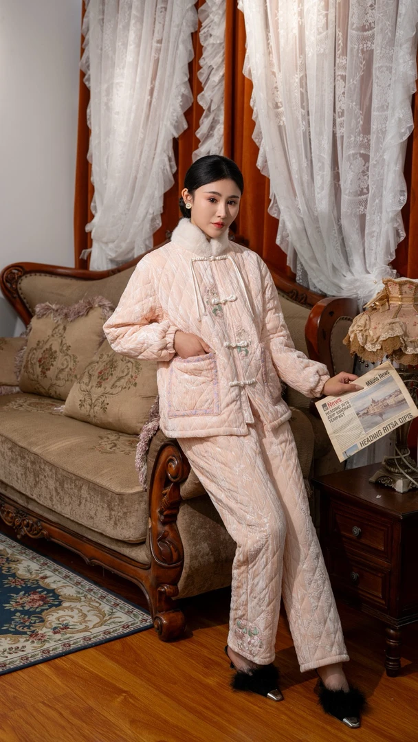邑夏公主三层夹棉袄睡衣女士冬天加厚保暖加绒珊瑚绒家居服可外穿