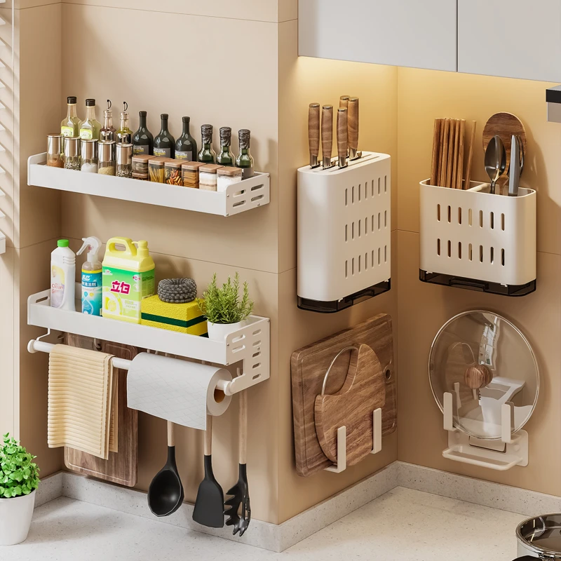 奶油风厨房置物架免打孔壁挂式白色调料调味品用品白色多功能收纳