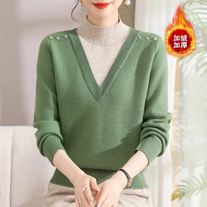 时尚妈妈装减龄加绒假两件内搭上衣中老年女保暖冬装休闲百搭毛衣