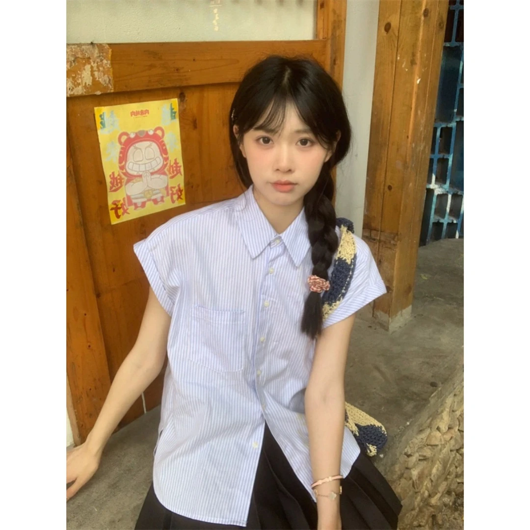 韩系简约条纹polo领衬衫女夏季2024新款时尚休闲百搭宽松短袖上衣