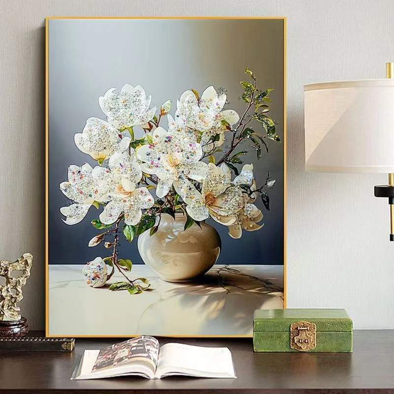 【云起】栀子花晶瓷镶钻餐厅装饰画轻奢客厅挂画5070