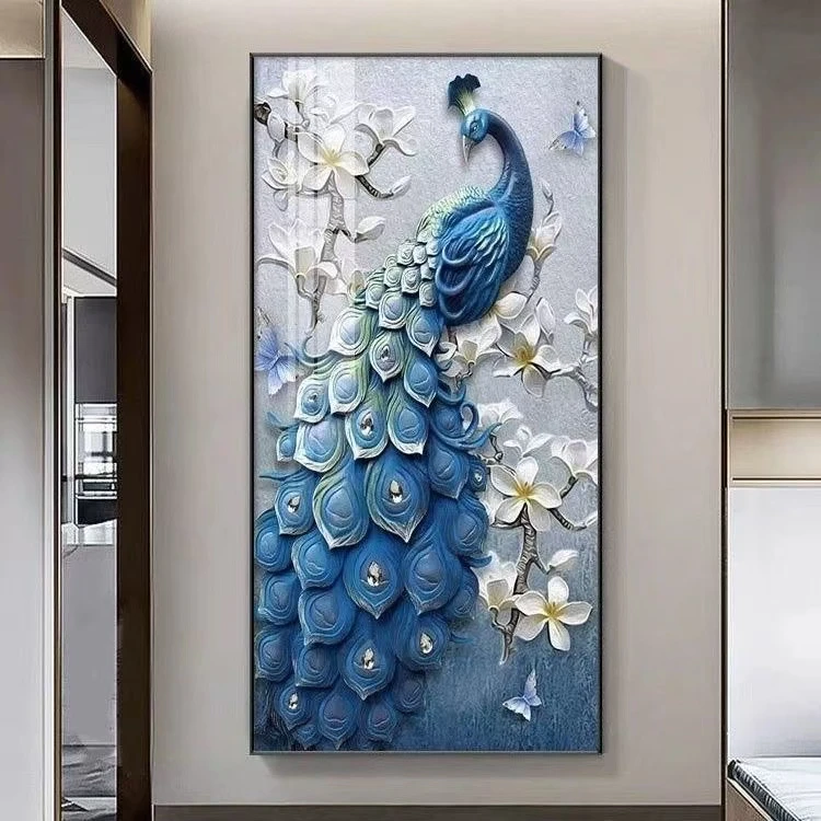 【云起】新中式蓝孔雀玄关晶瓷镶钻装饰画新古典高端挂画80160