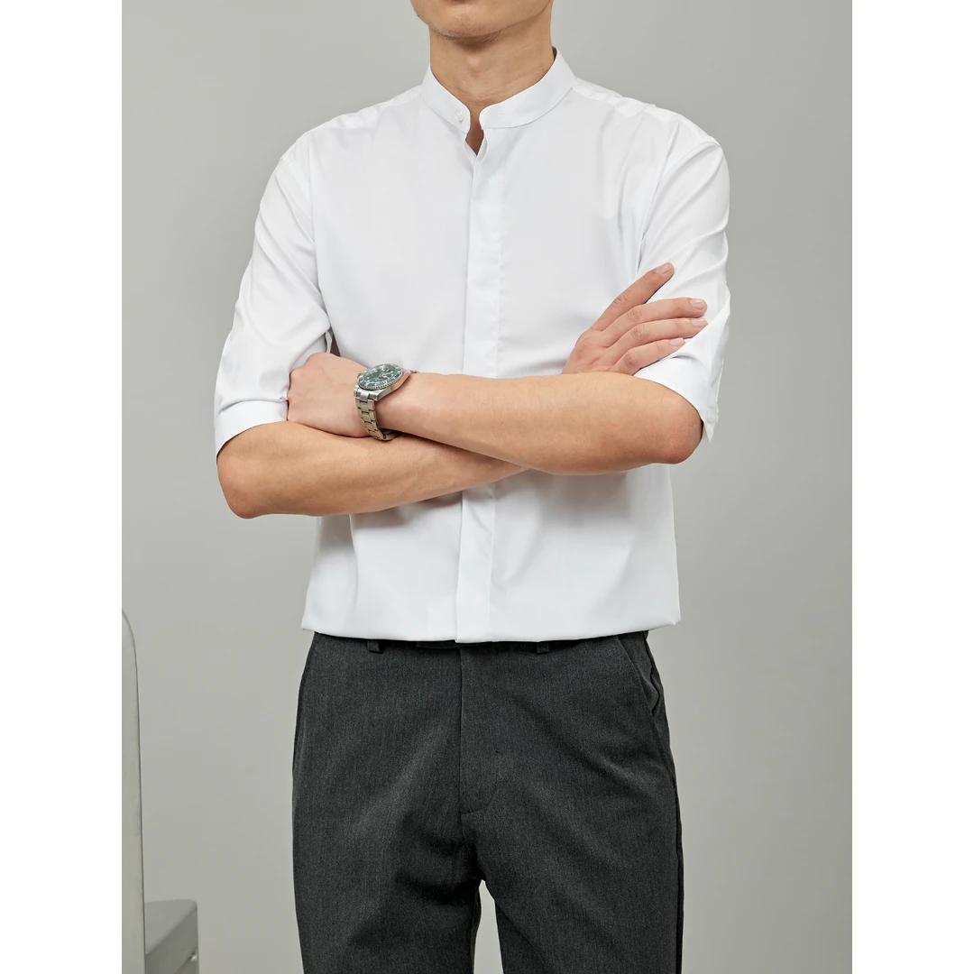 男士新中式立领衬衫男中袖白色免烫垂感轻奢纯色短袖黑白衬衣2339