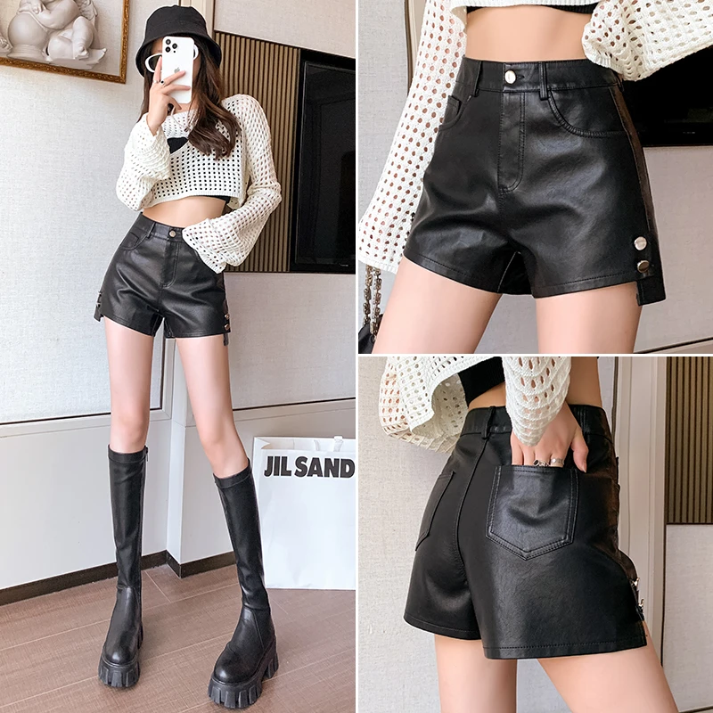 3505黑色高腰pu皮短裤女2024秋季新款简约显瘦百搭气质皮靴裤外穿