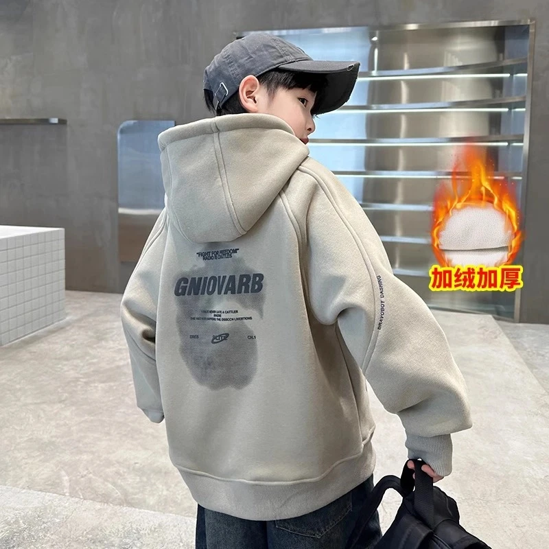 儿童装男童冬季加绒连帽卫衣2025新款中大童秋冬款男孩加厚上衣潮