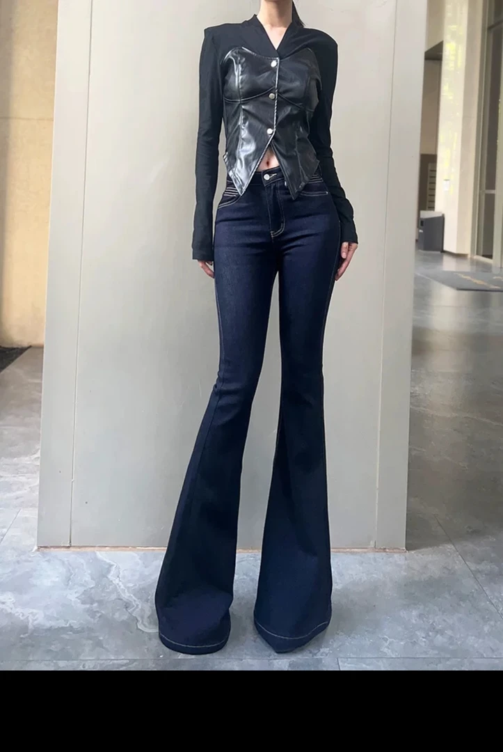 裤长110cm起-薄绒高个子暗金明线丹宁蓝无弹女生牛仔喇叭裤显瘦