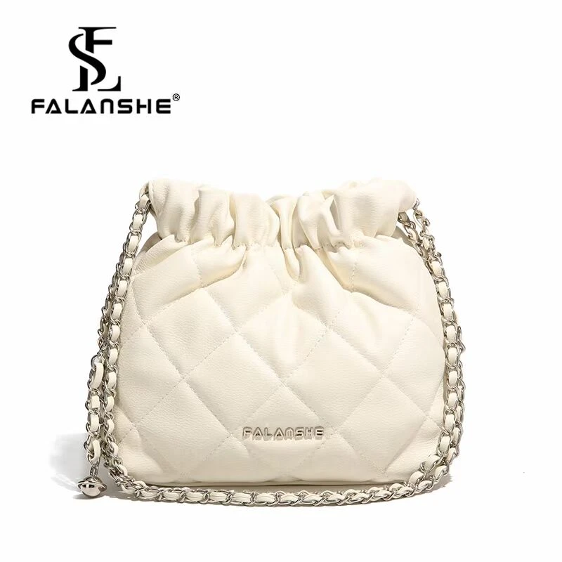 新款法式水桶包包小众菱格单肩包高级褶皱腋下包小香风链条包女包